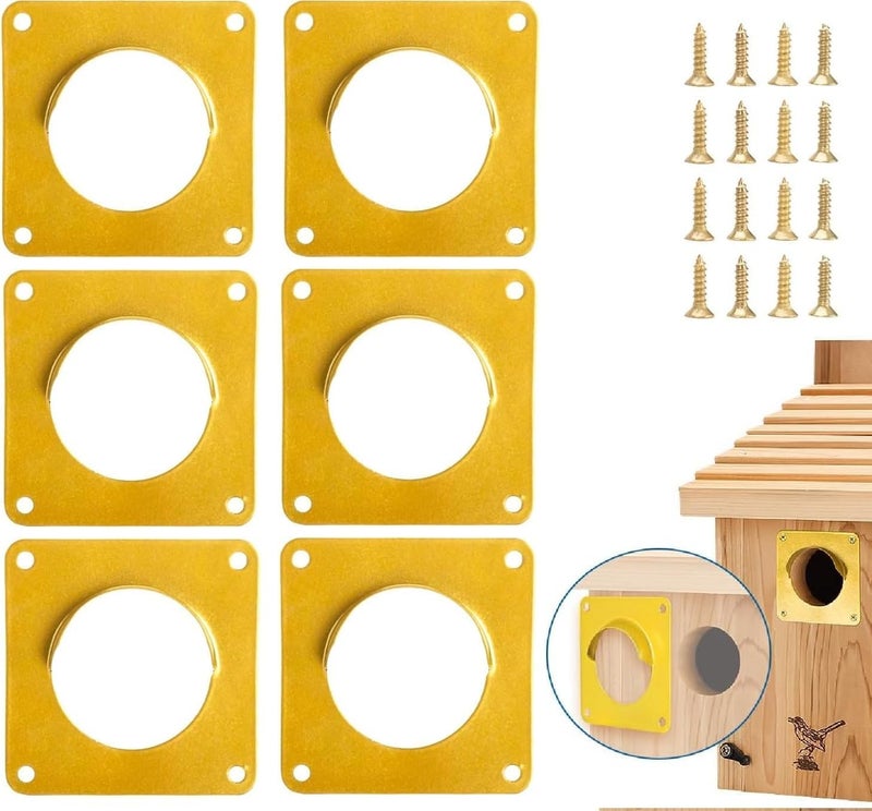 CEDAR ALPHA Bird House Guard Hole Plate - Larger Stainless Steel Shape with Rain Buffle - Entrance Predator Guards Metal Plate - 38 mm 1.5" Hole Sizes - Square Rings Entry Hole Protector (Golden 6 Pieces) - Image 1